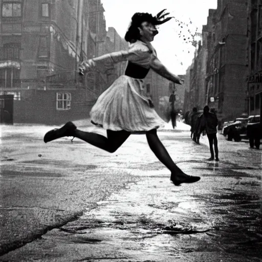 Prompt: A woman wearing a dress leaping over a large puddle in the street, the decisive moment by Henri Cartier-Bresson, photographed on a Leica camera