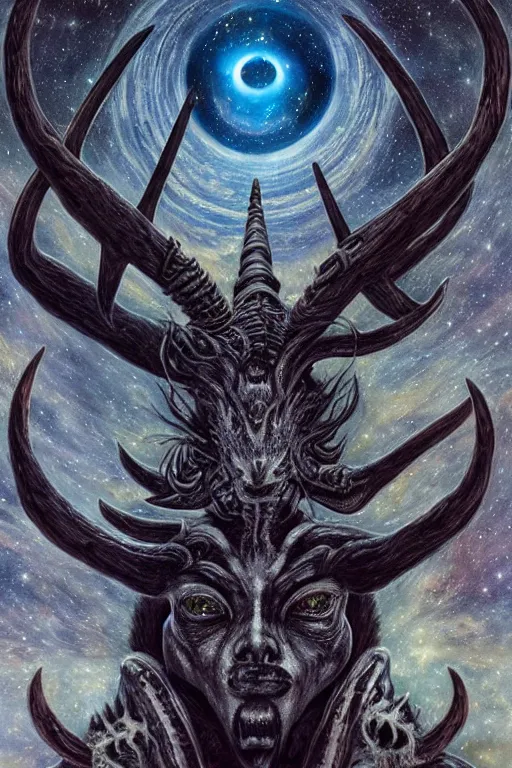 Image similar to baphomet starship!!!!! with antler made with porcelain by jeff easley and peter elson, beautiful eyes and face, symmetry face, galaxy, gothic, surreal, dread, highly detailed, intricate complexity, epic composition, magical atmosphere, masterpiece, award winning, trending on artstation