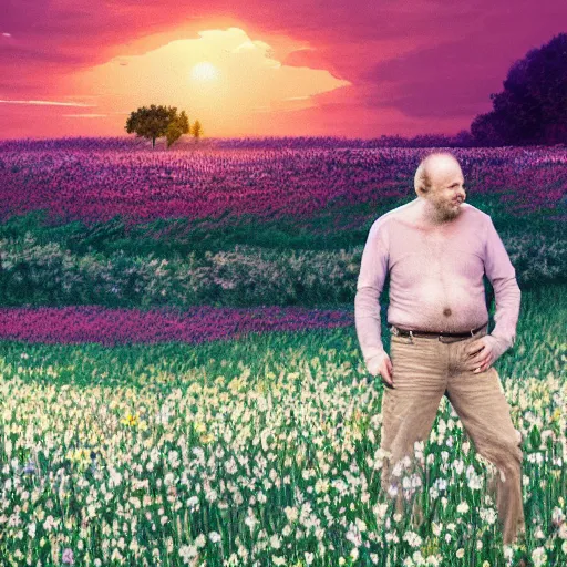 Image similar to a man is white and balding, and middle aged, and the other man is latino and skinny, together in a field of flowers at sunset, realistic, intricate, 4k