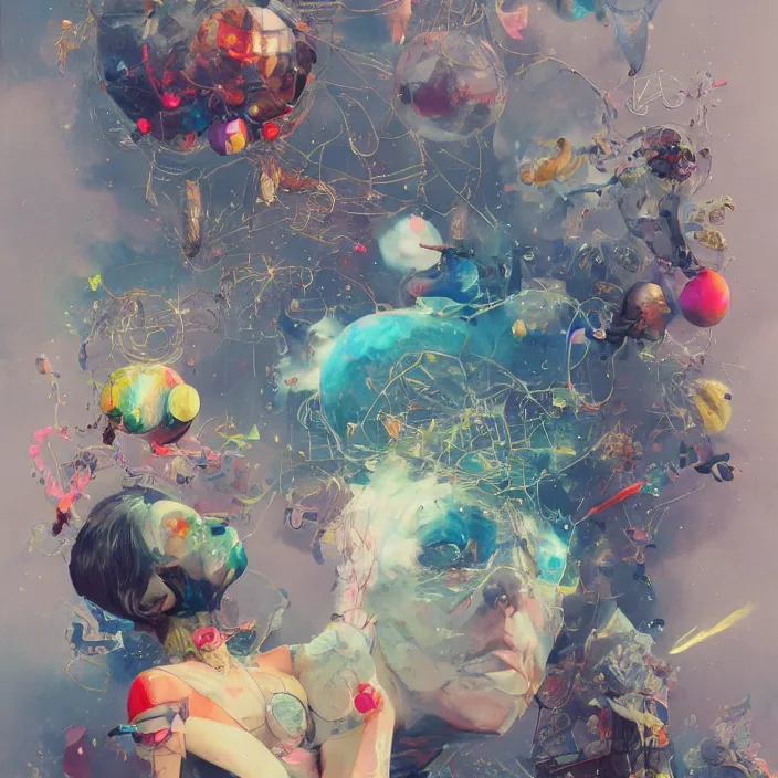 Image similar to surreal gouache painting, by yoshitaka amano, by ruan jia, by conrad roset, by kilian eng, by good smile company, incredibly detailed, of floating molecules and a mannequin artist holding an icosahedron with stars, clouds, and rainbows in the background, cgsociety, artstation, modular patterned mechanical costume and headpiece