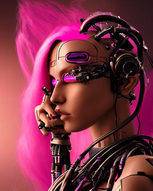 Prompt: portrait of a beautiful brown woman with pink hair as a cyberpunk cyborg half robot, revealing wires and electronics, hooked - up, sci - fi, missing panels, intricate abstract upper body intricate artwork, concept art, octane render, deviantart, cinematic, key art, hyperrealism, iridescent accents, portrait photograph, nikon 3 5 mm, photograph by greg rutkowski