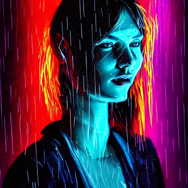 Image similar to bright asthetic portrait LSD glowing backlit rain on face and wet hair, cyberpunk, overhead lighting, fantasy, intricate, elegant, dramatic lighting, highly detailed, lifelike, photorealistic, digital painting, artstation, illustration, concept art, smooth, sharp focus, art by John Collier and Albert Aublet and Krenz Cushart and Artem Demura and Alphonse Mucha