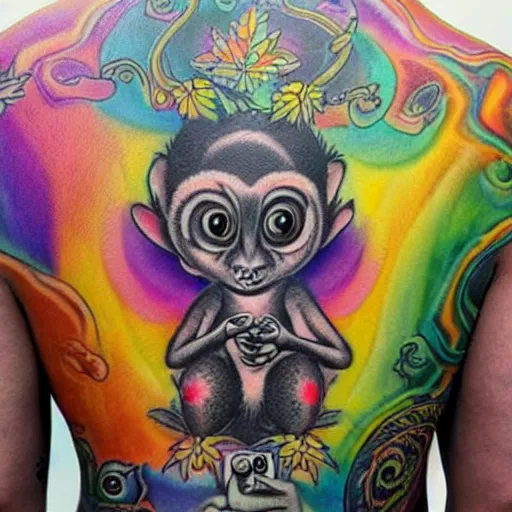 Image similar to shoulder back tattoo of a multicolored hallucinogenic cute bush baby dj with 2 recordplayers, eyes are colorful spirals, surrounded with colorful magic mushrooms and rainbowcolored marihuana leaves, insanely integrate