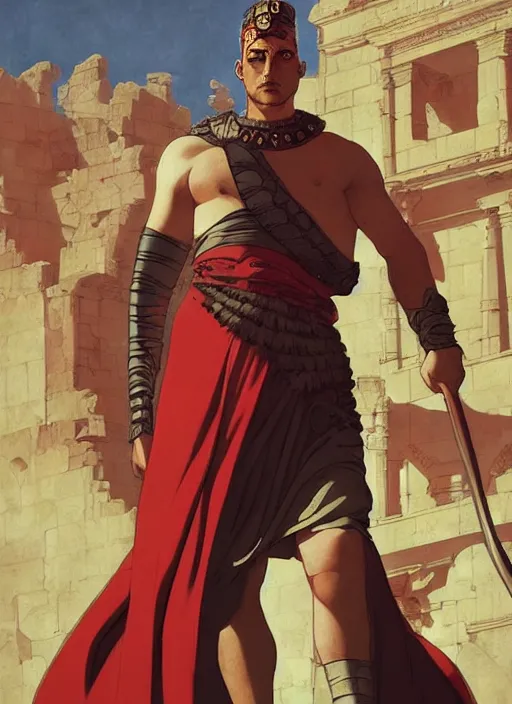 Prompt: a roman emperor walking through a roman city, glorious, epic scene, beautiful, pools, in the style of artgerm, gerald brom, atey ghailan and mike mignola, vibrant colors and hard shadows and strong rim light, plain background, comic cover art, trending on artstation