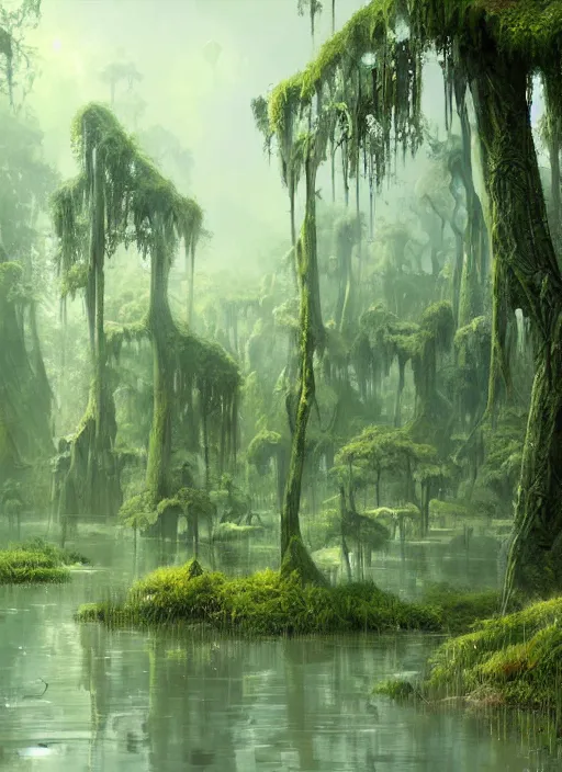 Prompt: a digital painting of a swampy area with trees, a detailed matte painting by stephan martiniere, cgsociety, fantasy art, matte painting, concept art, fractalism