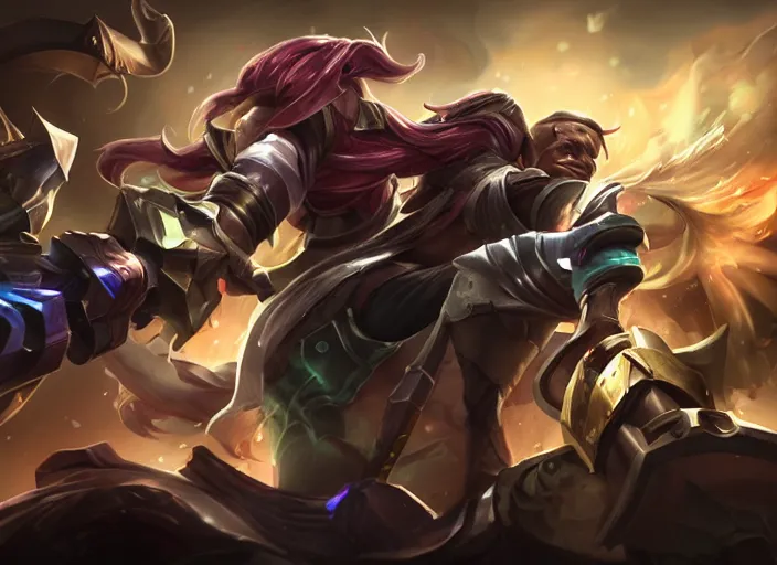 Image similar to league of legends champion splashart of a black guy that holds a gun in every hand