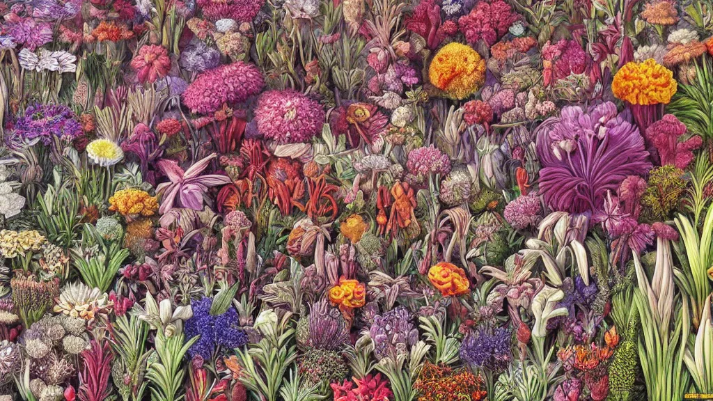 Image similar to highly detailed render of all the known species of plants and flowers by juan gatti, by moebius!, by oliver vernon