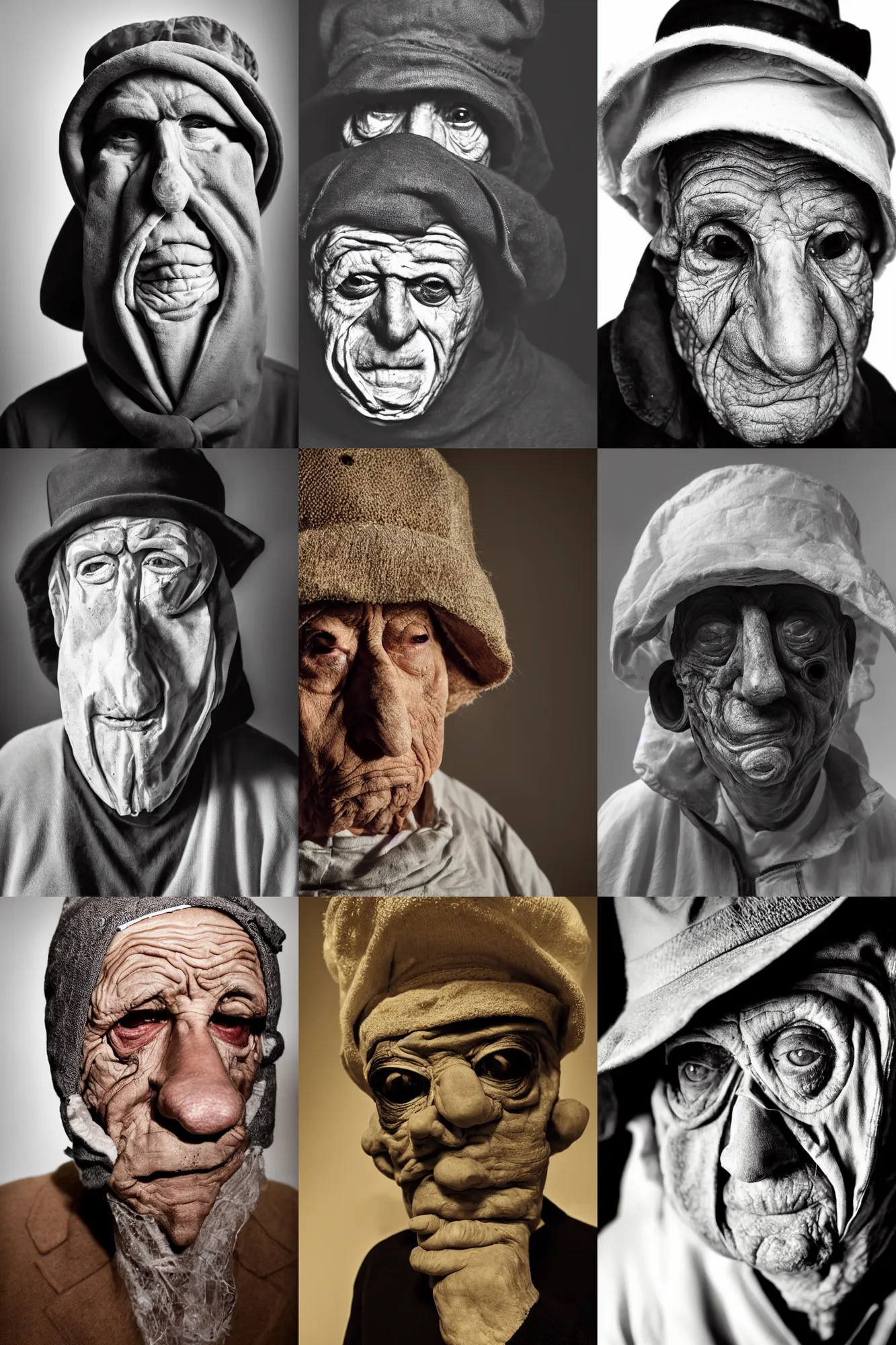 Prompt: high contrast studio close - up portrait of a wrinkled old man wearing a pulcinella mask, clear eyes looking into camera, baggy clothing and hat, backlit, dark mood, nikon, photo by cindy sherman, masterpiece