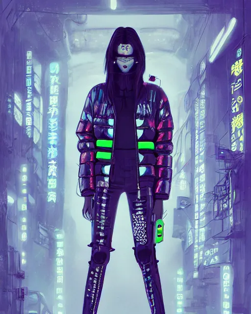 Prompt: neon operator kendall jenner, cyberpunk futuristic neon, reflective puffer jacket, decorated with traditional japanese ornaments by ismail inceoglu dragan bibin hans thoma greg rutkowski alexandros pyromallis nekro rene maritte illustrated, perfect face, fine details, realistic shaded, fine - face, pretty face