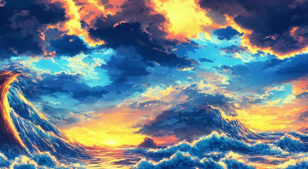 Prompt: anime landscape wallpaper, rough waves simulated crystal clear waves, ocean cliff side, sunset clouds