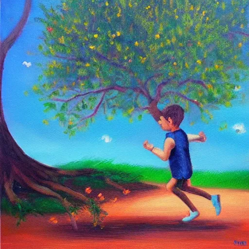 Prompt: “a boy running by a magic tree oil panting”