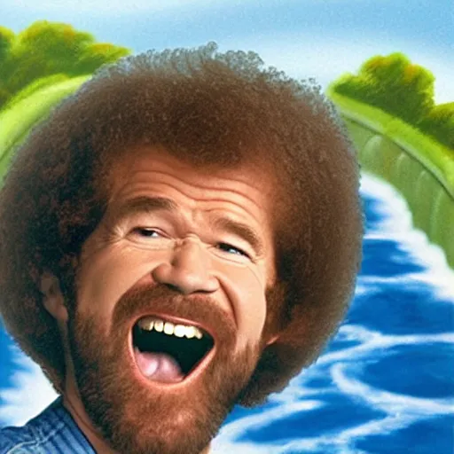 Image similar to bob ross screaming down a giant water slide