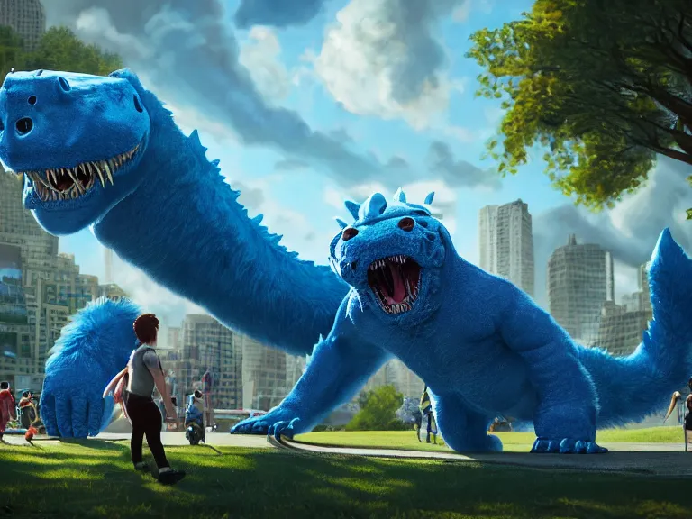 Prompt: adorable anthropomorphic gigantic cerulean furry leviathan monster, playing with andre the giant, in a park surrounded by a city, rpg reference, oil painting, trending on artstation, octane render, insanely detailed, 8 k, hd