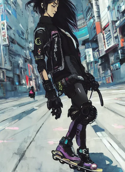 Image similar to hyper - realistic cyberpunk anime woman wearing inline skate, tokyo street, extreme detail, good face, model, concept art, in style of yoji shinkawa, pan ren wei, col price, atey ghailan, by greg rutkowski, aesthetic