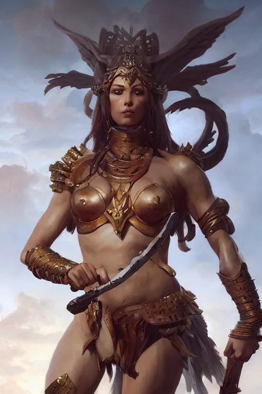 Image similar to full body portrait of the goddess of war, accurate anatomy, only two hands, highly detailed, digital painting, artstation, concept art, smooth, sharp focus, illustration, Unreal Engine 5, 8K, art by art by artgerm and greg rutkowski and edgar maxence