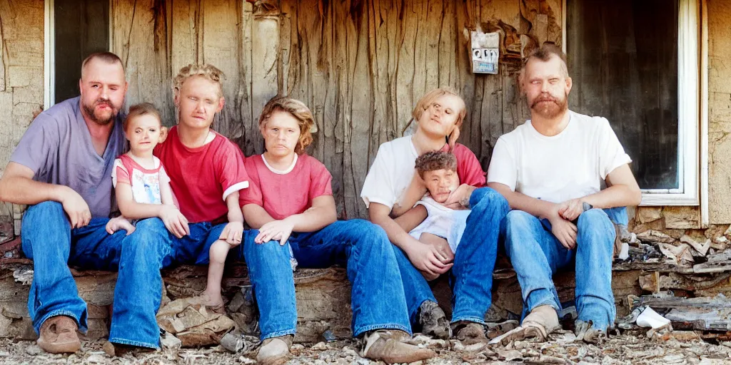 Image similar to close up portrait of white redneck family sitting on front porch of dilapidated house, kodak gold 2 0 0,