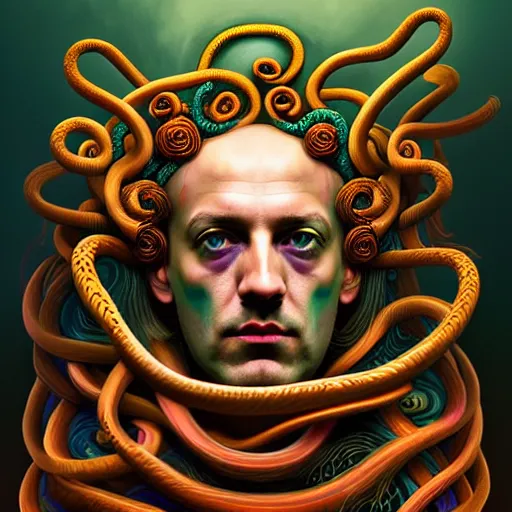 Image similar to an extremely psychedelic portrait of aleistercrowley as medusa, surreal, lsd, face, detailed, intricate, elegant, lithe, highly detailed, digital painting, artstation, concept art, smooth, sharp focus, illustration