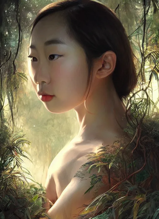 Image similar to stunningly beautiful, asian prima ballerina in jungle, symmetrical face, golden hour, smooth, focus, highly detailed, hyper realistic, dramatic lighting, elegant, intricate, concept art, art by wlop, mars ravelo, greg rutowski