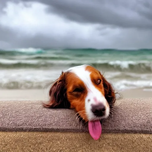 Prompt: kooikerhondje dog sleeping in the beach, stormy weather, very beautiful, detailed realistic HD 8k