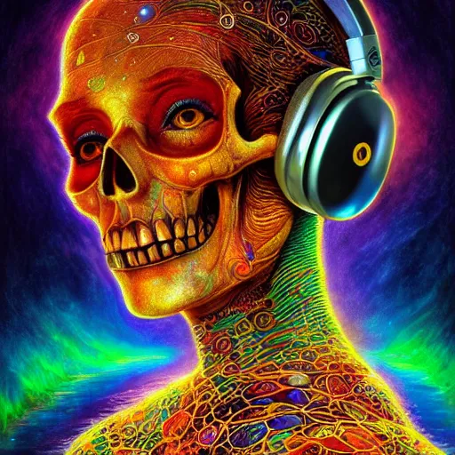 Prompt: portrait of a fantasycore glitchcore pristine skull wearing headphones. intricate abstract. intricate artwork. celestial. psychdelic. prismatic, by josephine wall, by gilbert williams, pixar, ghibli. octane render, CGSociety very coherent symmetrical artwork. cinematic, hyper realism, high detail, octane render, 8k, holographic accents