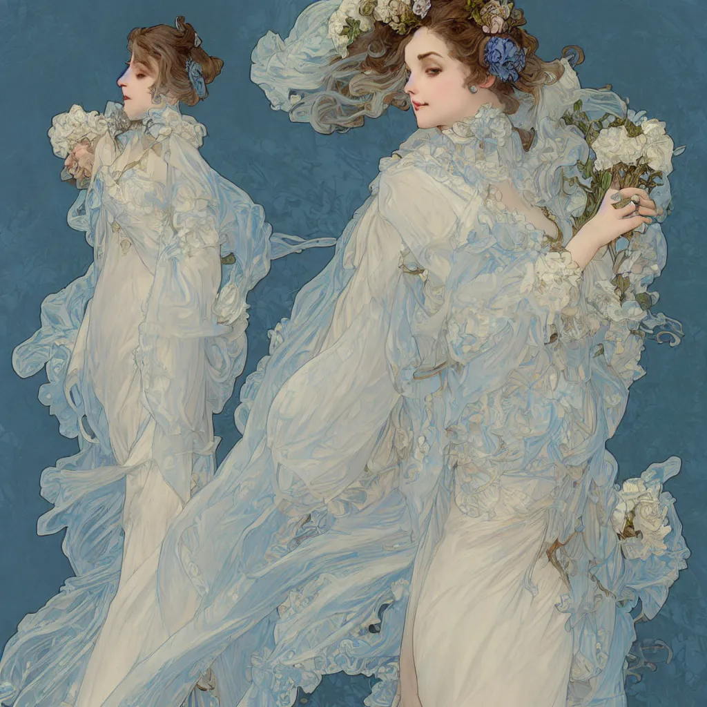 Image similar to lady dressed in a vaporous wrapped large victorian cream roses silk semi-transparent blue and cream dress fashion is running D&D, fantasy, intricate, elegant, highly detailed, digital painting, artstation, concept art, matte, sharp focus, illustration, art by and Alphonse Mucha