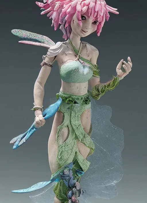 Prompt: a wholesome femo figurine of a cute funny moyai fairy with freckles wearing a frilly floral moyai dress featured on dark souls by studio ghibly and h r giger made of easter island head, pastels, wide angle, dynamic dancing pose, 🎀 🗿 🧚