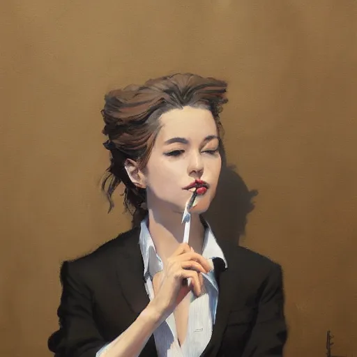 Prompt: a highly detailed beautiful portrait of a petty young woman smoking in a suit by yoji shinkawa, by gregory manchess, james gurney, james jean