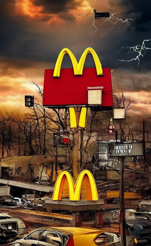 Image similar to beautiful epic poster of mcdonalds in an apocalypse. thunder, lightning, hd, hq. very detailed.