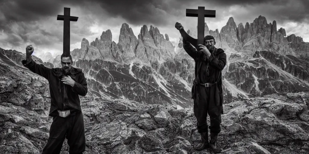 Image similar to alpine farmer holding up satans cross, dolomites in background, dark, eerie, despair, portrait photography, artstation, adward winning, artstation, highly detailed, sharp focus, by caravaggio