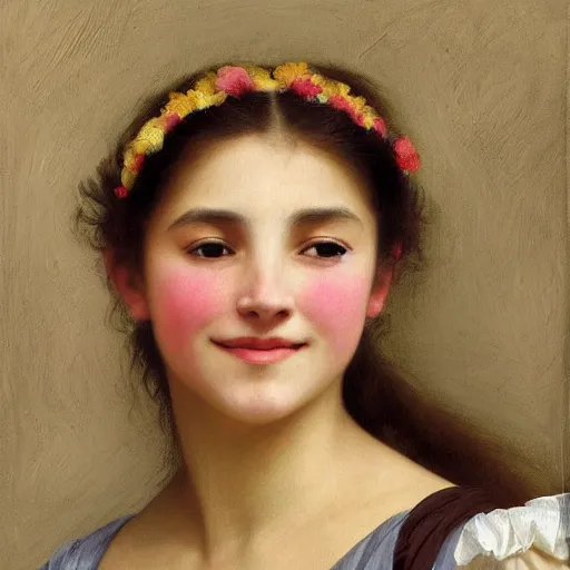 Image similar to painting of claudia vega from eva 2 0 1 1. smiling. happy. cheerful. art by william adolphe bouguereau. extremely detailed. beautiful. 8 k. award winning.