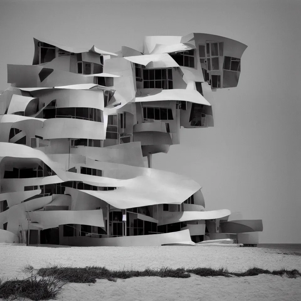 Prompt: architecture ad for a mid-century modern house on the beach, designed by Frank Gehry. Film grain, cinematic, yellow hue