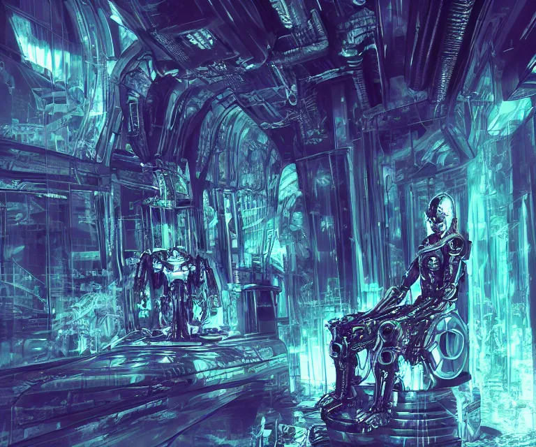 Image similar to translucent cyborg sitting on a metal throne in a futuristic castle, cyberpunk, highly detailed, sharp lines, neon lights