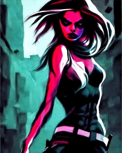 Prompt: artgerm, rafael albuquerque comic art : : samara weaving, holding a gun, in an action pose : : in an alleyway during the purge : : night time dark with neon colors, fires, horror : :