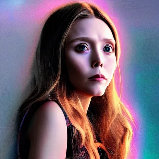 Prompt: Anime portrait of Elizabeth Olsen sitting down on a chair, trending on artstation, 4k, 8k, light tunnel effect!!!!!, anime art, anime style