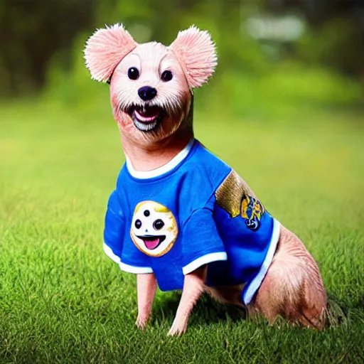 Image similar to a photorealistic dog character is wearing a shirt which writes'win'