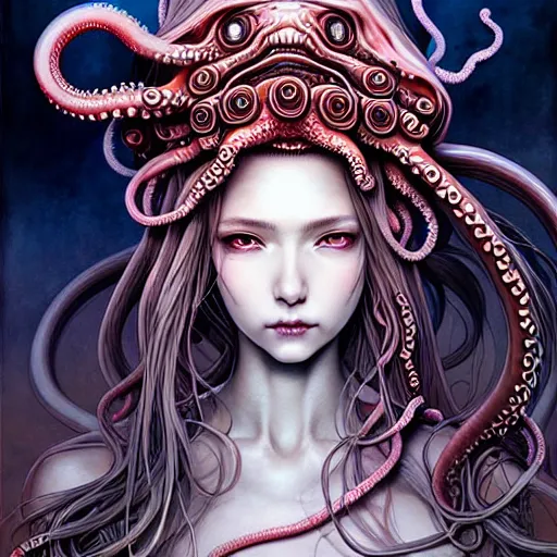 Image similar to a girl with tentacles on her head, an ultrafine detailed painting by ayami kojima, cgsociety, fantasy, anime digital art, lovecraftian, cosmic horror, detailed painting