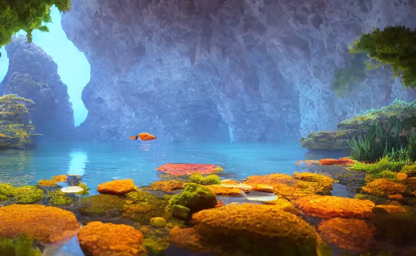 Image similar to a cave lake with some orange fish swimming inside, studio ghibli, pixar style, octane render, unreal engine 5, path traced, highly detailed, high quality, 8 k, soft lighting, godrays, complementary colors, natural lighting, water parallax, serene landscape, beautiful, elegant, digital painting