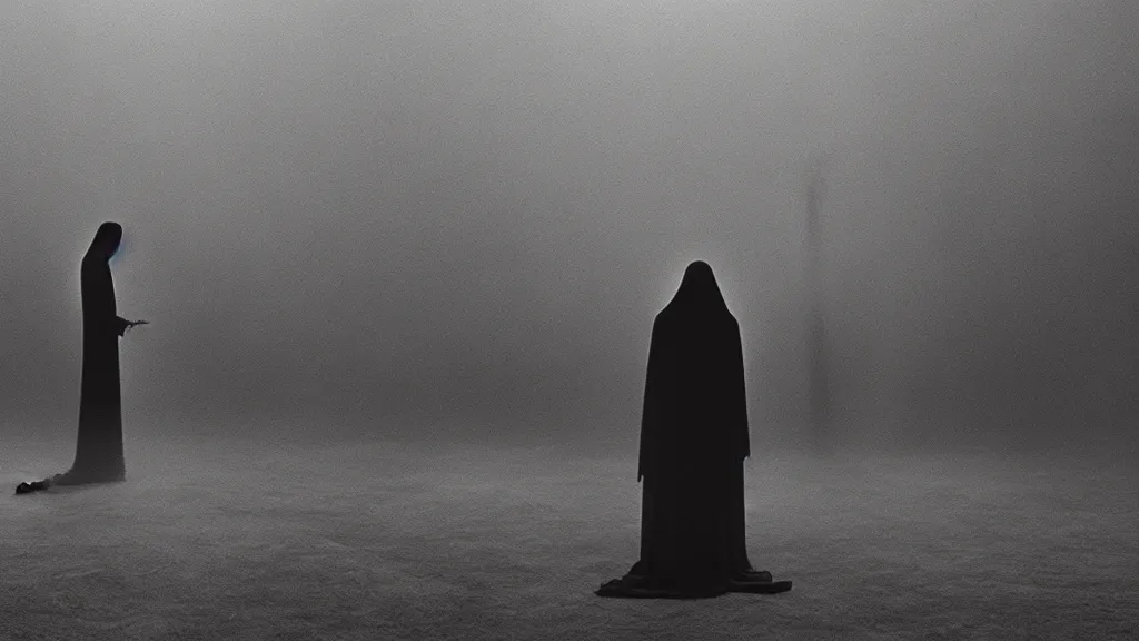 Image similar to stigmata forever, film still from the movie directed by Denis Villeneuve with art direction by Zdzisław Beksiński, wide lens