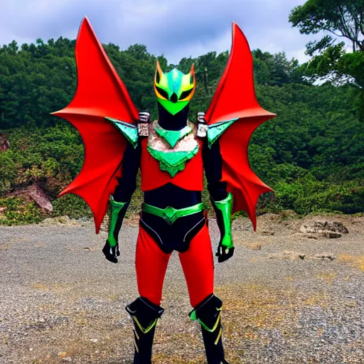 Prompt: High Fantasy Kamen Rider, 4k, vibrant colors, rock quarry location, glowing eyes, fantasy inspired dragon armor made out of pvc plastic, action scene, daytime, rubber suit,