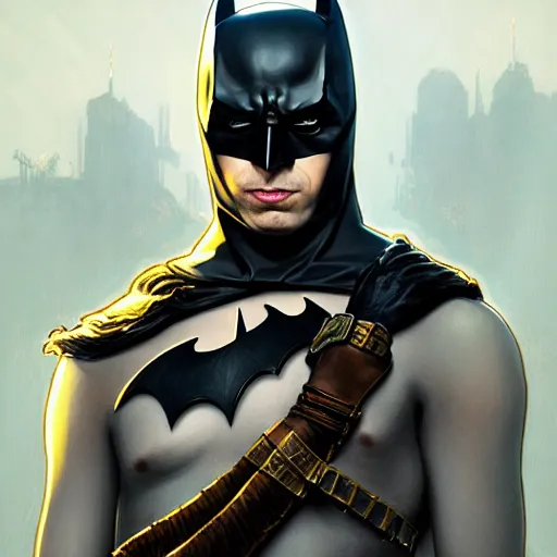 Image similar to handsome Michael Cera as Batman, western, D&D, fantasy, intricate, elegant, highly detailed, digital painting, artstation, concept art, matte, sharp focus, illustration, art by Artgerm and Greg Rutkowski and Alphonse Mucha