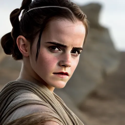 Image similar to Emma Watson modeling as Rey in Star Wars, (EOS 5DS R, ISO100, f/8, 1/125, 84mm, postprocessed, crisp face, facial features)
