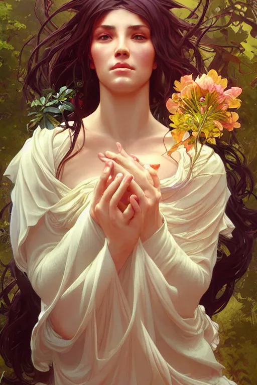 Image similar to goddess of nature, accurate anatomy, only two hands, highly detailed, digital painting, artstation, concept art, smooth, sharp focus, illustration, Unreal Engine 5, 8K, art by Ross Tran and greg rutkowski and alphonse Mucha