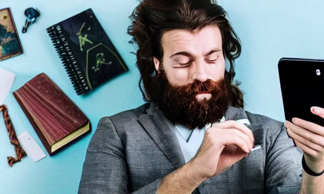 Prompt: A wizard with bond hair and a beard looking at his smartphone at a desk cluttered with tomes