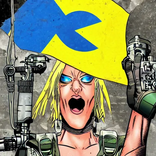 Image similar to tank girl comic, ultra detailed face, ukrainan flag