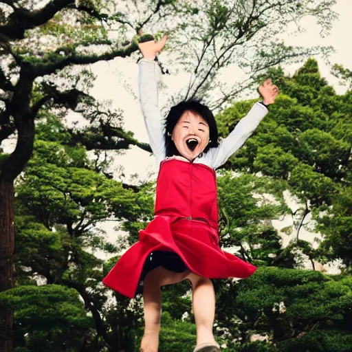 Prompt: photo of japanese girl jumping up and down in happiness