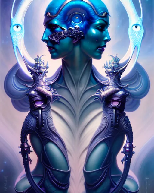 Image similar to beautiful gemini fantasy character portrait, ultra realistic, wide angle, intricate details, blade runner artifacts, highly detailed by peter mohrbacher, hajime sorayama, wayne barlowe, boris vallejo, aaron horkey, gaston bussiere, craig mullins