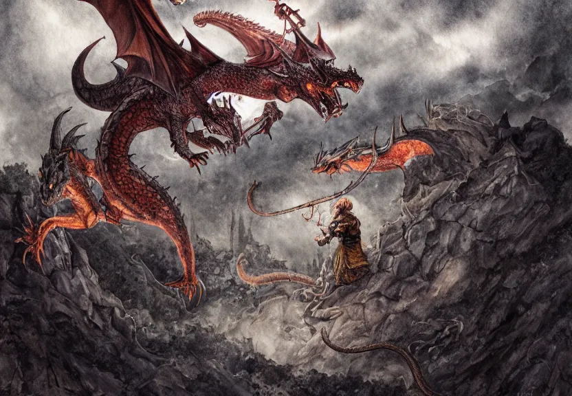 Prompt: possum adventurer fighting a dragon at a medieval castle under a dark starred sky, dark fantasy, watercolor, dreaming illusion, highly detailed, 4k, trending on Artstation, award-winning