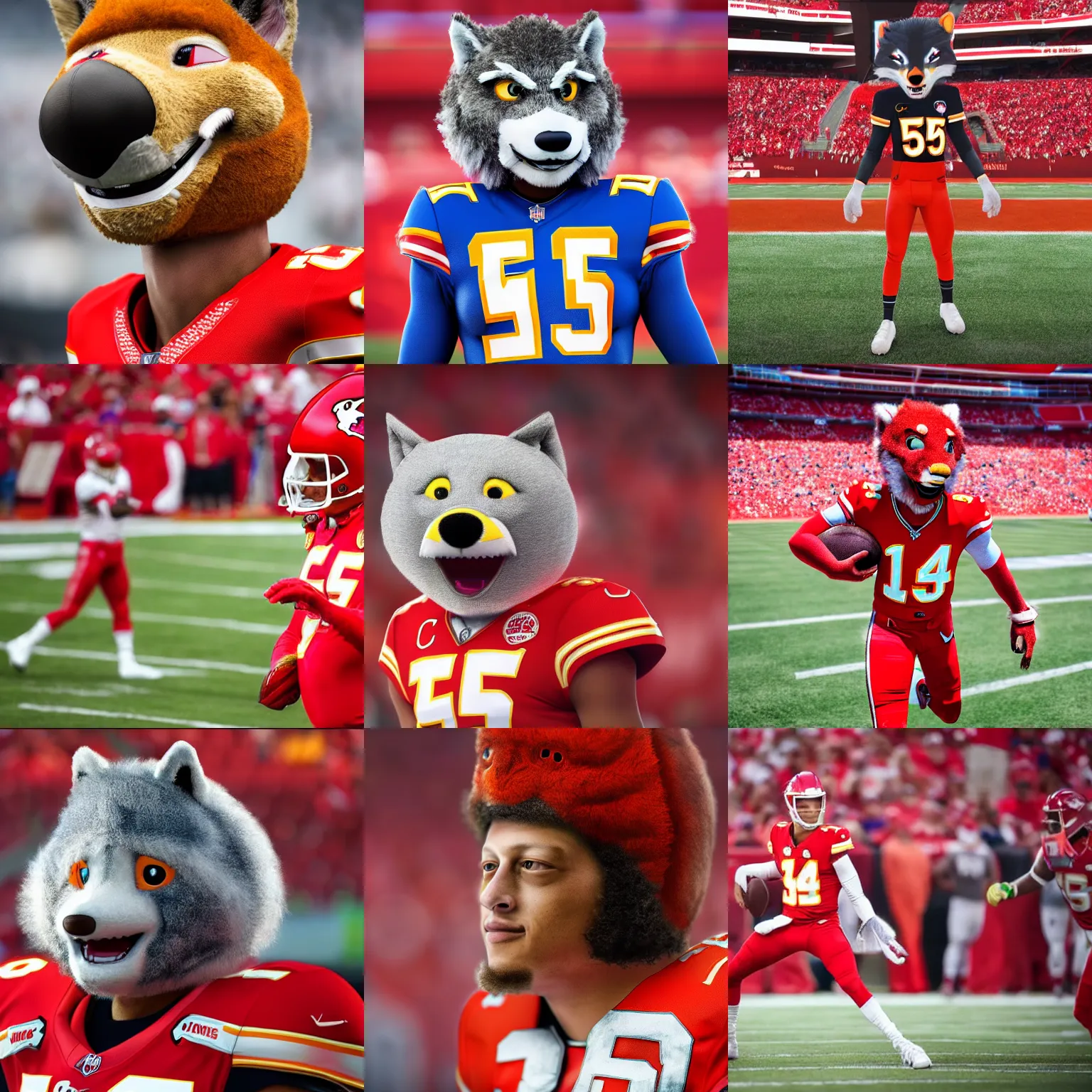 Prompt: a closeup photorealistic photograph of Patrick Mahomes wearing the KC Wolf mascot costume at Arrowhead Stadium. This 4K HD image is Trending on Artstation, featured on Behance, well-rendered, extra crisp, features intricate detail and the style of Unreal Engine.