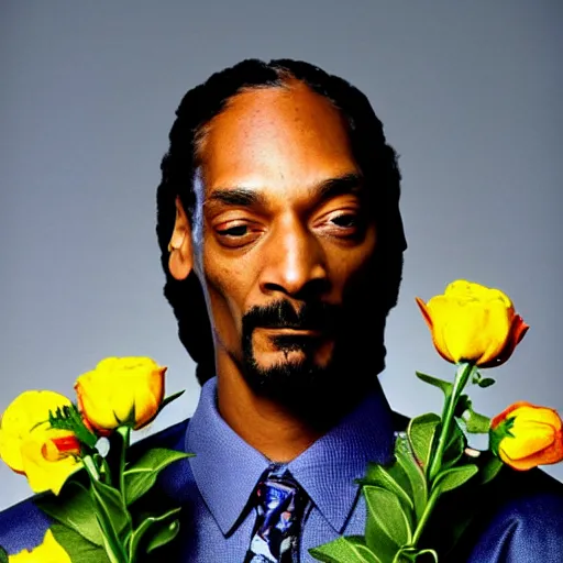 Prompt: Snoop Dogg holding a Vase of flowers for a 1990s sitcom tv show, cinematic lighting, Studio Photograph, portrait, C 12.0