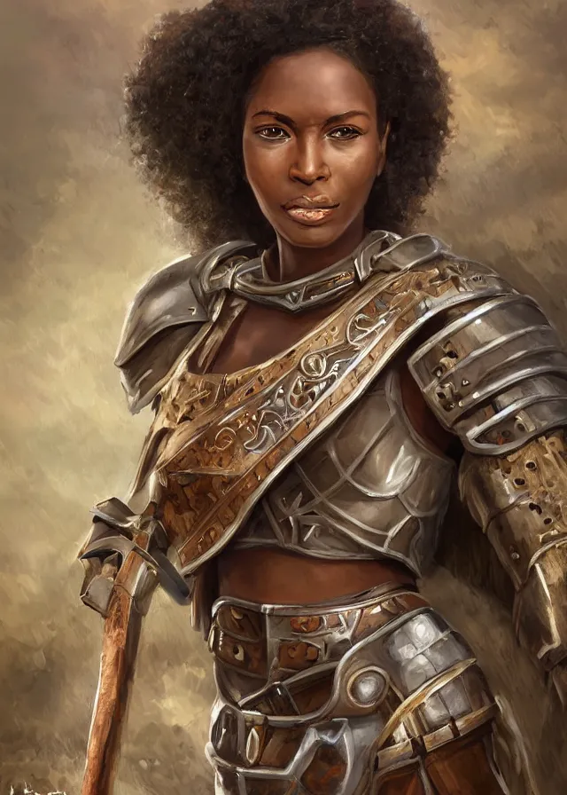 Prompt: arabella mistsplitter, solo female darkskinned angelic soldier in her fifties, long brown hair, green eyes, african, ethiopian, short height, regular build, magnificent oval face, polished steel armor, shortsword, wooden shield a female dnd fighter's portrait, masterpiece, clear eyes, realistic hands, by brian patterson and rhads